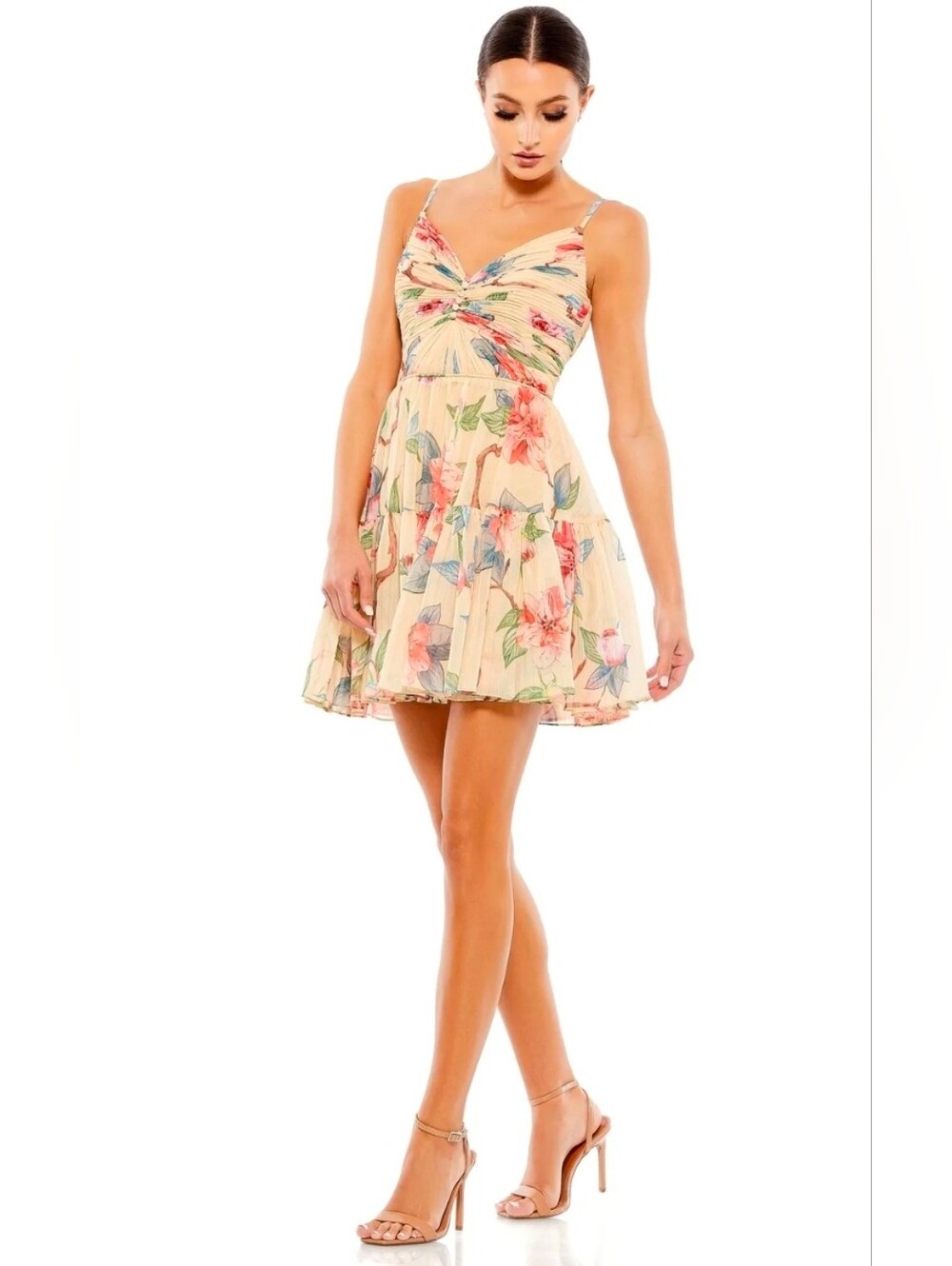 NWT! Ieena Mac Duggal, Short Spaghetti Strap Floral Dress, Nude/Multi, MSRP $258